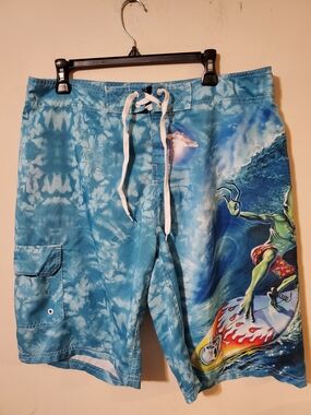 Blue Tie-Dye Alien Graphic Swim Shorts Board Shorts Mens Sz 36